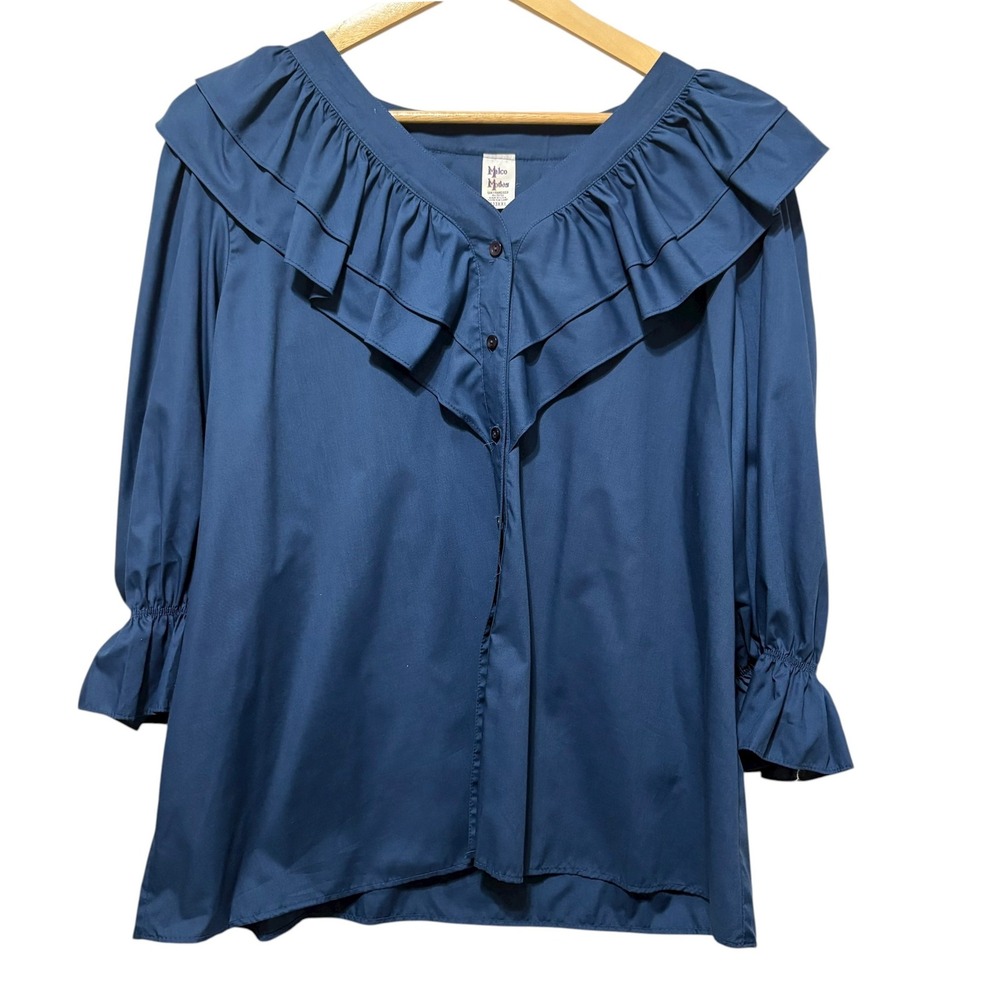 VTG Malco Modes Womens Blouse‎ XXL Blue Ruffle Collar Prairie Peasant Romantic